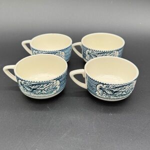 Currier & Ives Blue and Cream Ceramic Teacup Set